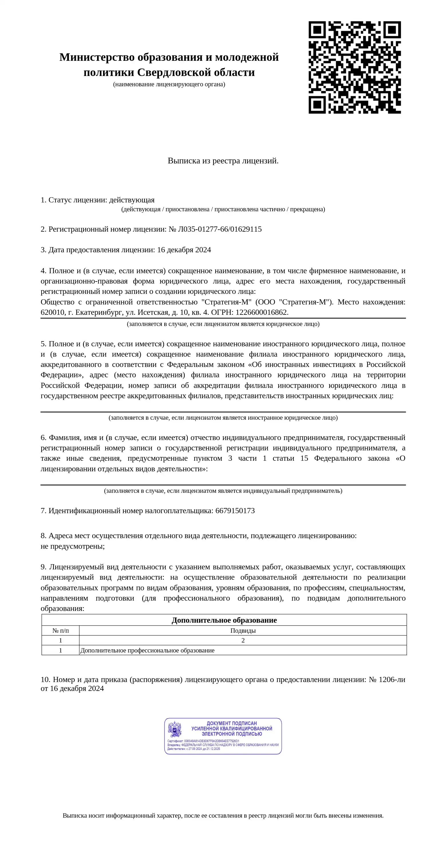 Выписка из реестра лицензий — образовательная лицензия № Л035-01277-66/01629115